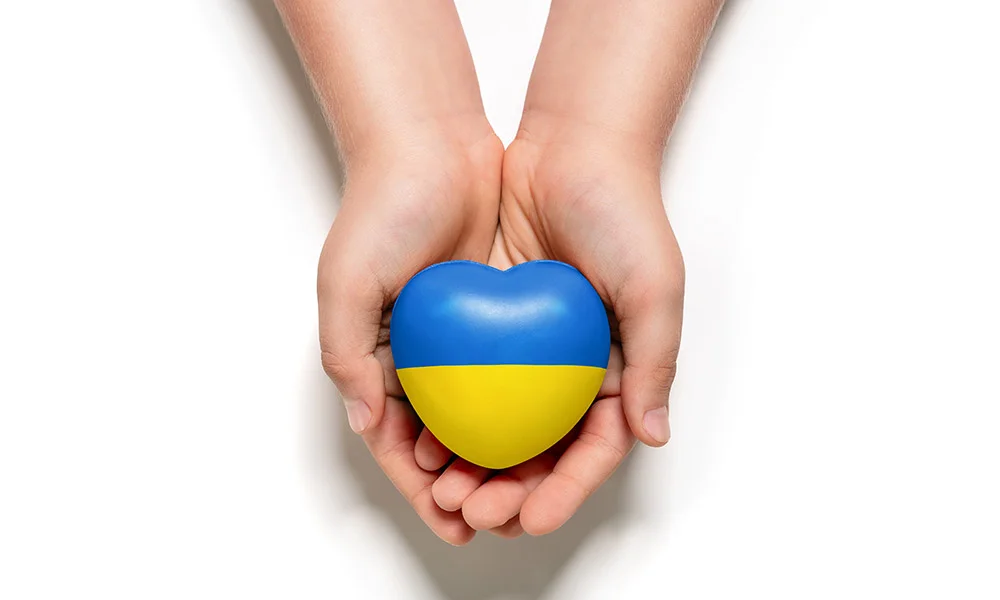 High angle view of child hands holding ukraine flag painted heart isolated on white background