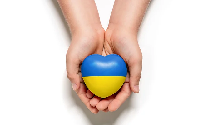 High angle view of child hands holding ukraine flag painted heart isolated on white background