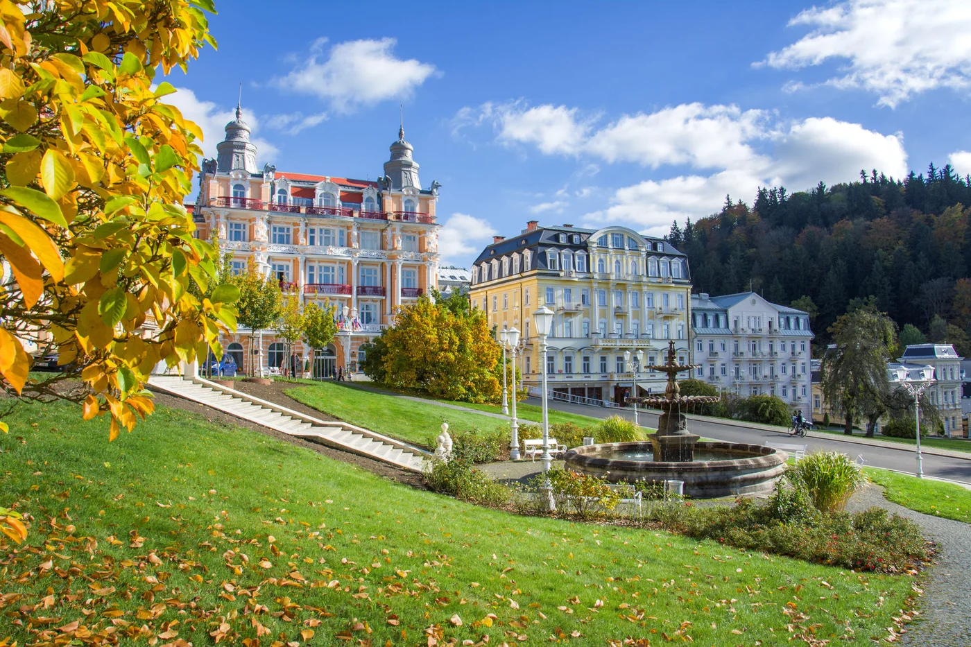 Goethe square and public park with fountain and spa houses in autumn - center of Marianske Lazne (Marienbad) - great famous spa town in the west part of the Czech Republic (region Karlovy Vary)