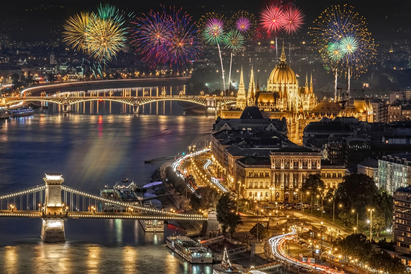 Fireworks over the Pest side of Budapest across the Danube River in Hungary, Europe