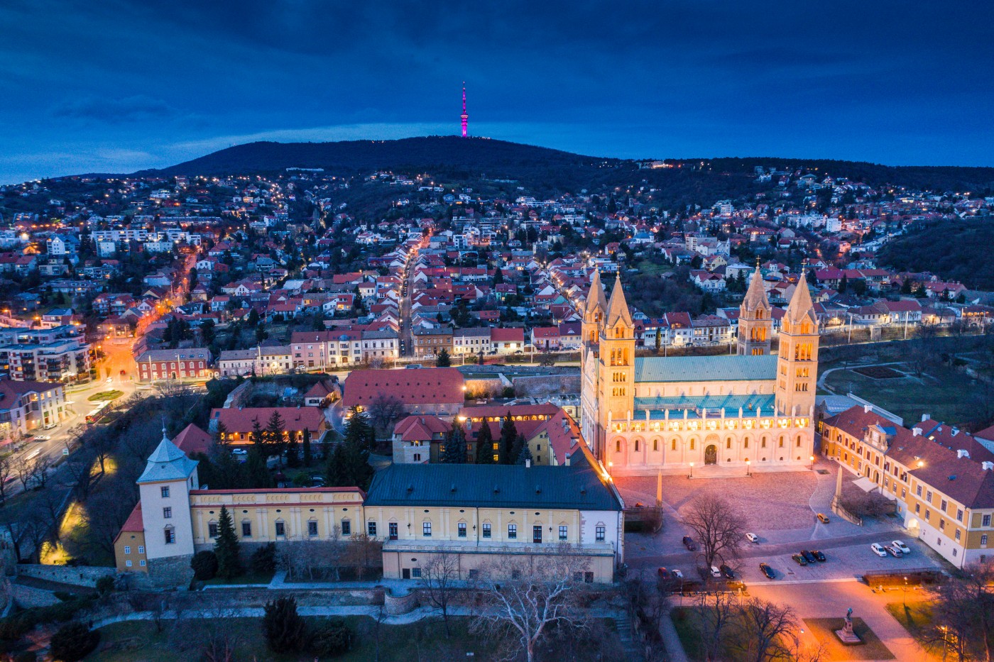 Pecs, Szekesegyhaz. Bird eye view at night